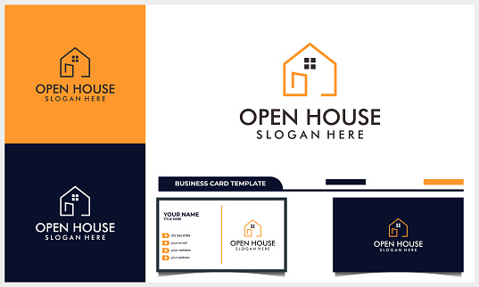 open door home and house line art style logo design with business card template