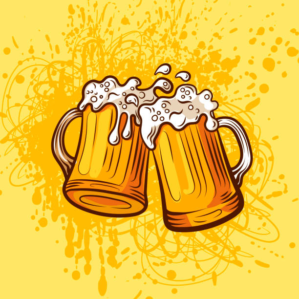 ilustrações, clipart, desenhos animados e ícones de ilustração vetor beer em fundo yello brilhante, estilo vintage, canecas coloridas. - beer backgrounds alcohol glass