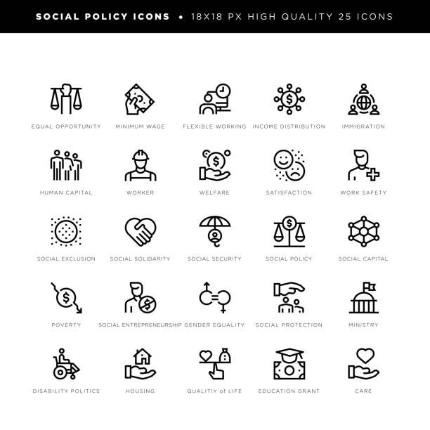 Social policy icons for social security, equal opportunity, disability politics, housing, social capital, welfare etc. 18 x 18 pixel high quality editable stroke line icons. These 25 simple modern icons are about social policy and include icons of equal opportunity, minimum wage, flexible working, immigration, human capital, worker, welfare, work safety, social exclusion, social security, social capital, poverty, gender equality, disability politics, housing, quality of life, care, education grant etc. minimum wage stock illustrations