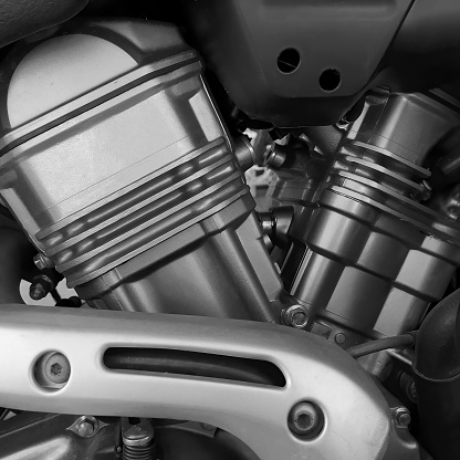 Close-up view of the engine block components of a high-powered motorcycle