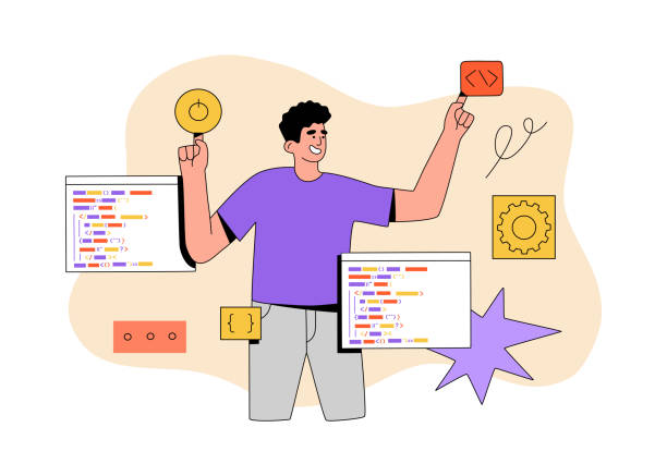 Programmer working on web development on virtual computer screen Programmer working on web development on virtual computer screen. Software engineering and script coding concept. Hand drawn vector illustration isolated on light background. Flat cartoon style. computer programmer stock illustrations