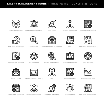 18 x 18 pixel high quality editable stroke line icons. These 25 simple modern icons are about talent management and include icons of performance metrics, evaluation, employee retention, recruiting, performance management, RMS, employee engagement, organizational goals, development etc.