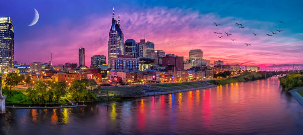 Nashvile TN skyline with red sunset and birds