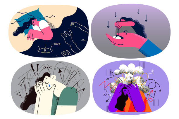 Set of unhappy woman suffer from depression need help Unhappy woman suffer from depression get helping hand to recover. Sad stressed person struggle with mental disorder or nervous breakdown. Counseling and rehab concept. Vector illustration. Set. mental burnout illustrations stock illustrations
