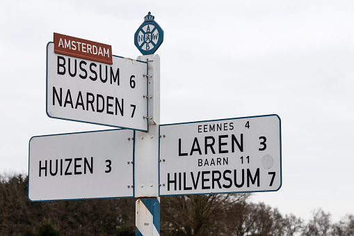 Blaricum, Netherlands on March 7, 2021; Signage to various destinations in the Netherlands.