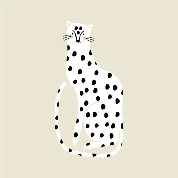 Vector illustration of Hand drawn white gepard in with character. Wild Jungle animal print. Cartoon vector leopard illustration