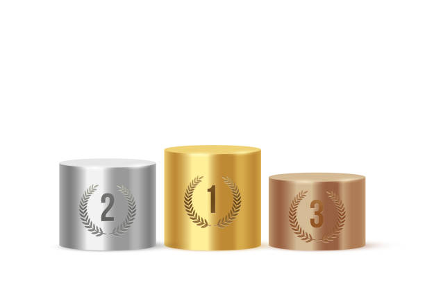 stockillustraties, clipart, cartoons en iconen met podium for gold silver bronze winners, 3d stage pedestal with laurel wreath, place number - bouwplatform
