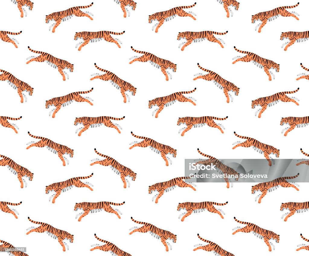 Tiger Pattern Moving Vector Seamless Pattern Of Flat Hand Drawn Jumping Tiger Stock ...