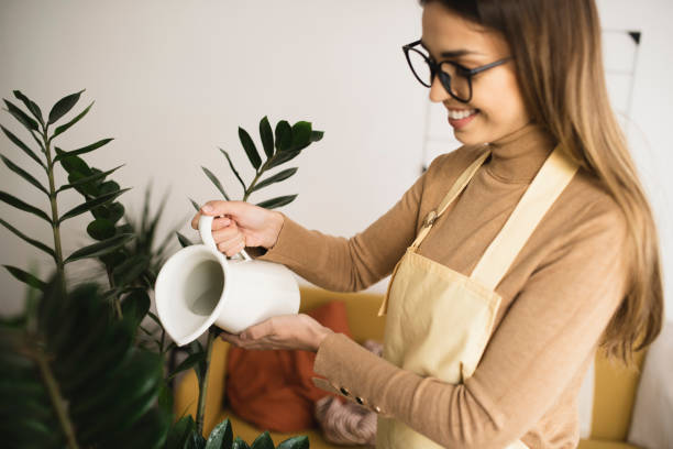 istock Young woman smiling and watering her plants 1360206516