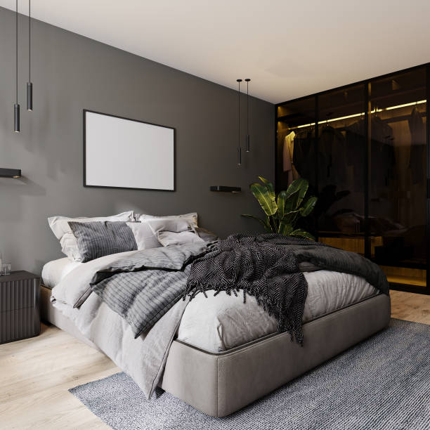 istock horizontal frame mockup in modern bedroom interior with gray wall and bed and glass closet with backlight, 3d rendering 1360208702