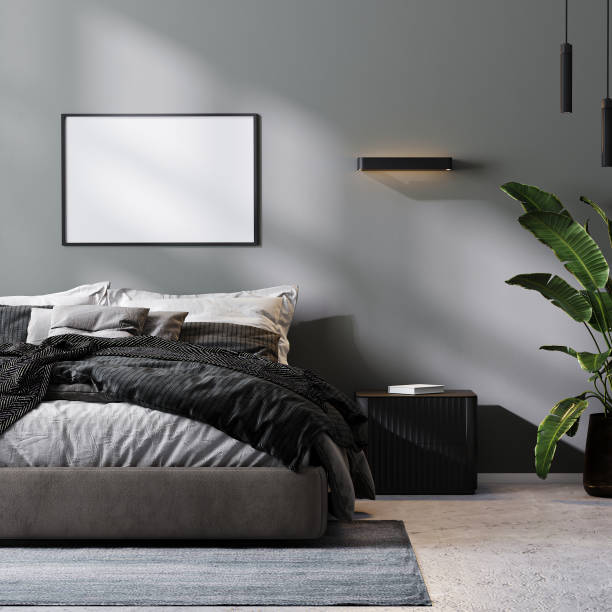 istock empty frame mock up in modern bedroom interior in gray tones, 3d rendering 1360208885
