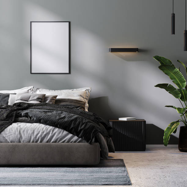 istock poster frame mock up in modern bedroom interior in gray tones, 3d rendering 1360209225
