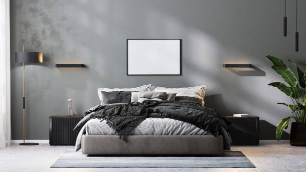istock blank frame mock up in modern bedroom interior in gray tones, 3d rendering 1360209228
