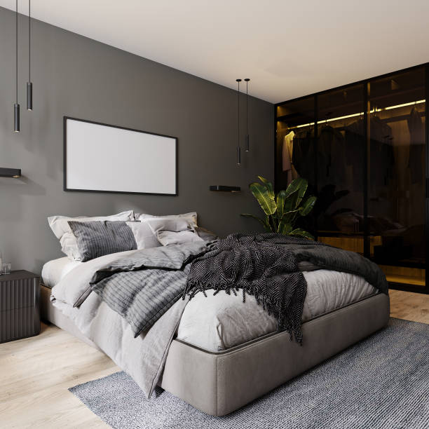 horizontal frame mockup in modern bedroom interior with gray wall and bed and glass closet with backlight, 3d rendering