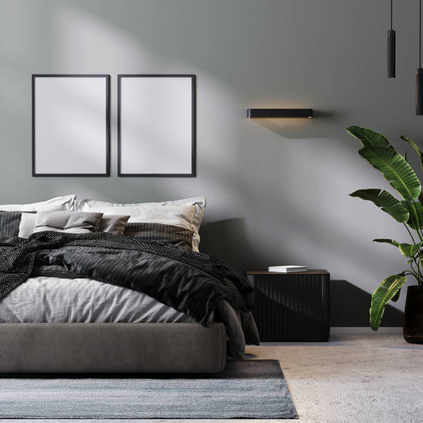 istock poster frames mock up in modern bedroom interior in gray tones, 3d rendering 1360209231