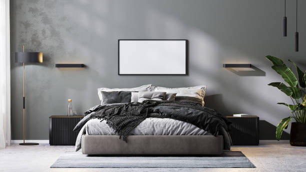 istock blank frame mock up in modern bedroom interior in gray tones, 3d rendering 1360209234
