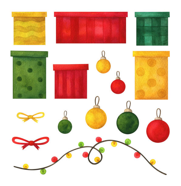 ilustrações de stock, clip art, desenhos animados e ícones de gift boxes, bows, garland, christmas balls of red, green and yellow. watercolor illustration. a set of holiday clipart isolated on a white background. new year's decor - gift box packaging drawing illustration and painting