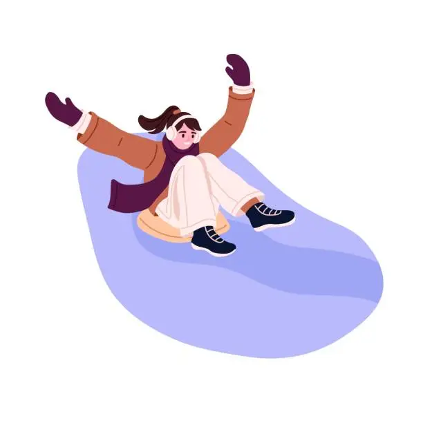 Vector illustration of Person sliding down hill on sleds. Happy child on sledges on winter holidays. Toboggan, wintertime fun. Smiling kid riding slippery board. Flat vector illustration isolated on white background