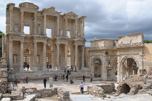Aydin, Turkey - May 18, 2010 : Archaeological remains of the Library of Celsus in the ancient city of Ephesus