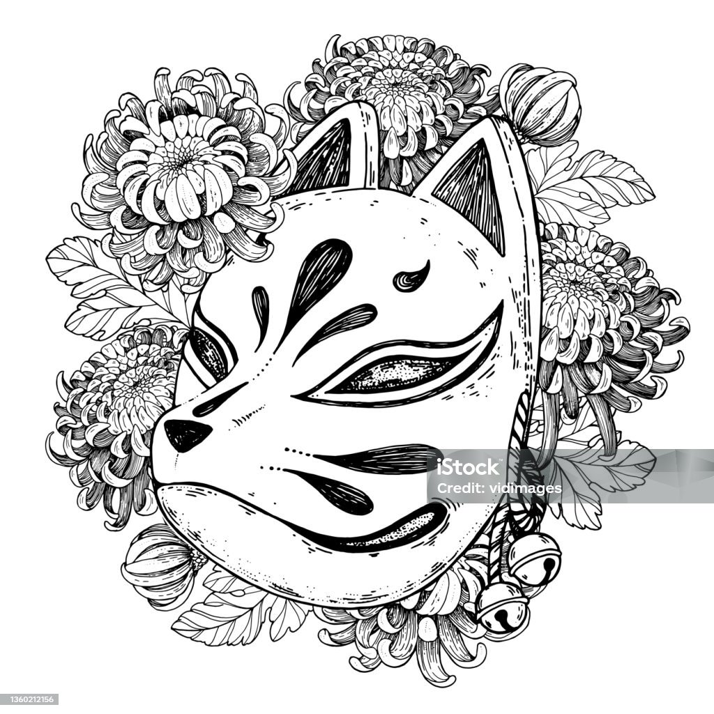 Mặt Nạ Kitsune Với Hoa Cúc Vẽ Tay Vector Minh Họa Quỷ Truyền Thống ...