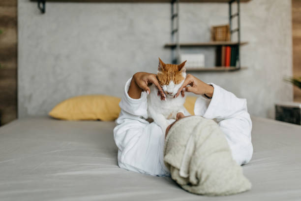 istock Young woman in towel relaxing with cat 1360212372