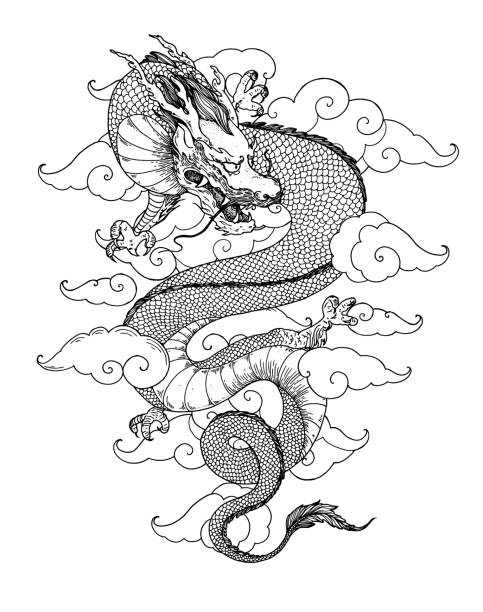 istock Chinese red dragon with clouds hand drawn vector illustration. Tattoo print. Hand drawn sketch illustration for t-shirt print, fabric and other uses. 1360212495