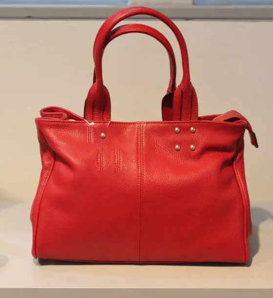 Photo of branded leather handbags on display