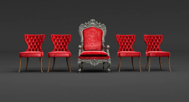 trône royal rouge avec fauteuils rouges modernes isolés sur fond noir, concept de leadership, - fauteuil baroque photos et images de collection