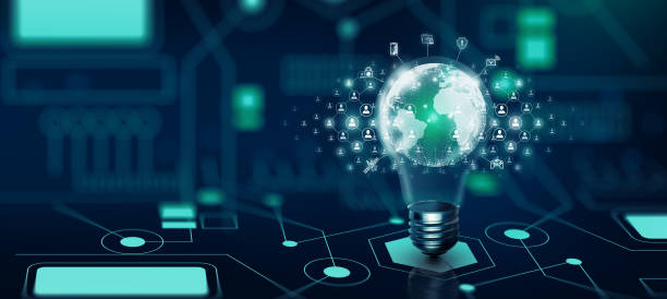 Light bulb people network and global communication concept Business technology. Copy space.