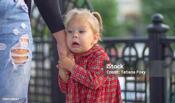 Caucasian Little Girl Of 2 Years With Scared Face Holding Hand Of Mother In Summertime Stock Photo - Download Image Now