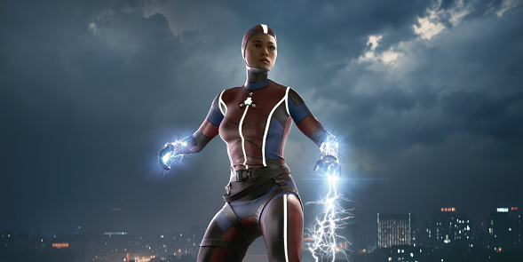 A generic female superhero wearing a tight red and blue suit stands in a high location above a background cityscape under a dark, cloudy and misty sky.  She stands in a ready pose with arms out and radiates electric lightning energy from her hands and forearms.