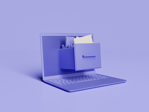 laptop with a filing cabinet coming out of the screen and documents inside. color of the year 2022 Very Peri. 3d rendering