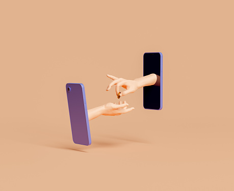 mobile phones with hands coming out of the screens and paying with coins. 3d rendering