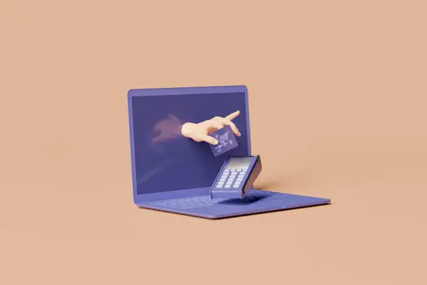 minimal laptop with one hand emerging from the screen and paying with a credit card at a POS terminal. color of the year 2022 Very Peri. 3d rendering