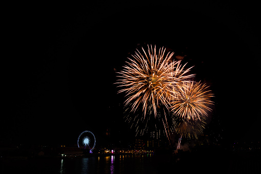 Celebration fireworks countdown 2021 at ASIATIQUE The Riverfront, Colourful of fireworks on the river in Bangkok countdown festival. Happy new year