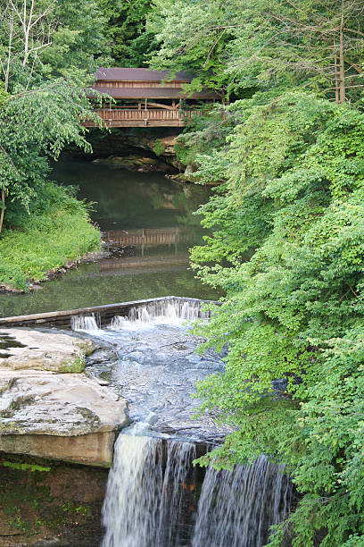 Lanterman's Mill Waterfall - Youngstown, Ohio Lanterman's Mill Waterfall.  Mill Creek Park, Youngstown, Ohio.  Includes water falls and covered bridge behind. youngstown stock pictures, royalty-free photos & images