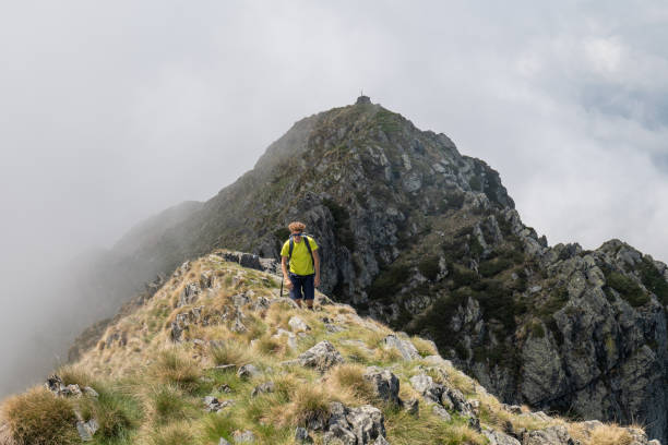 istock Young man hikes along grassy mountain ridge 1360224811