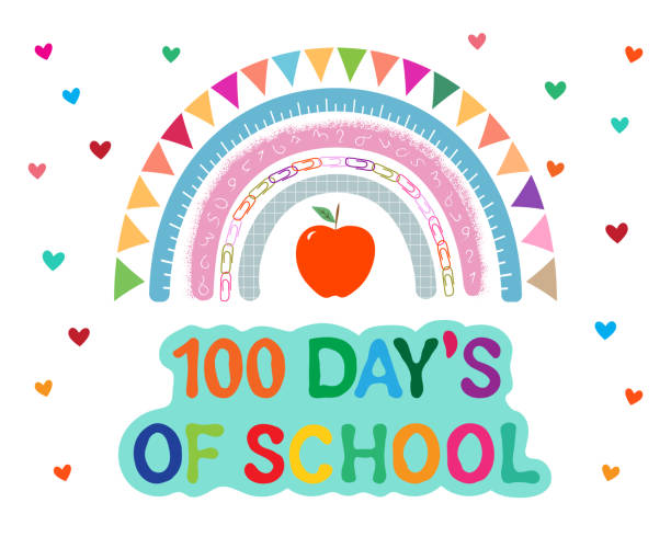 100 day`s of school banner on white. Cute rainbow, apple, hearts and text, vector. teacher appreciation week stock illustrations