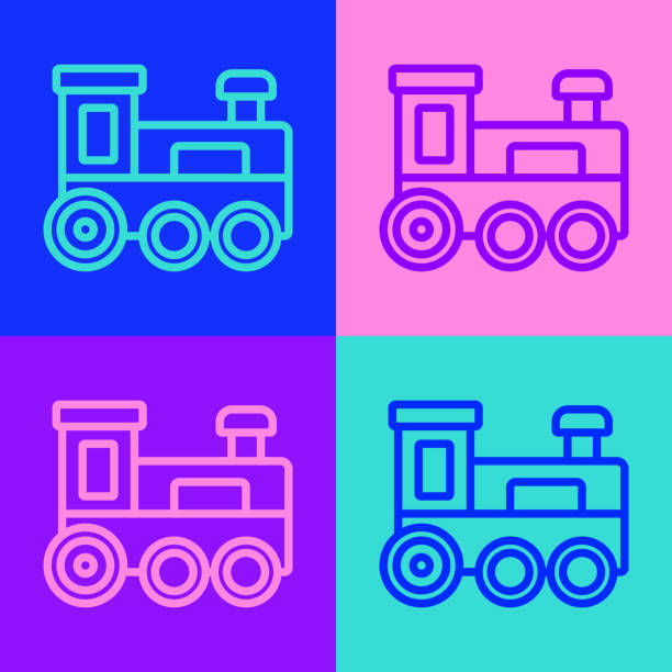 illustrazioni stock, clip art, cartoni animati e icone di tendenza di pop art line icona del treno giocattolo isolata su sfondo a colori. vettore - train silhouette pop art locomotive