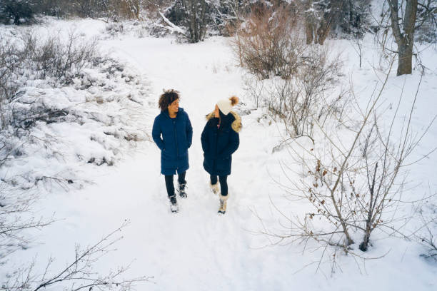Women walking outdoors in winter for exercise.