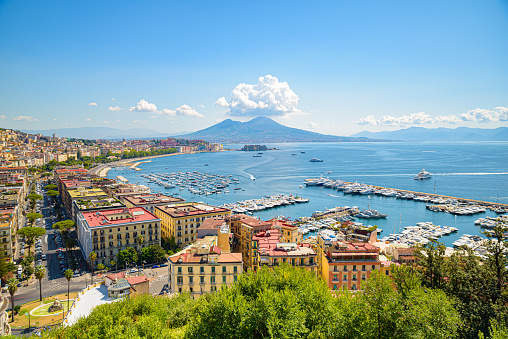 Naples, Italy. August 31, 2021. View of the Gulf of Naples from the Posillipo hill with Mount Vesuvius far in the background.