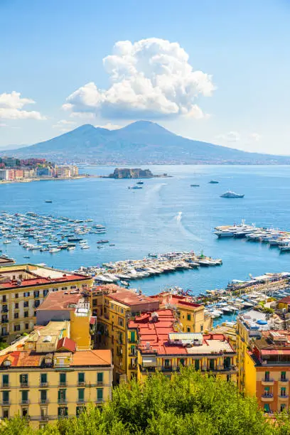 Photo of Naples, Italy. August 31, 2021. View of the Gulf of Naples from the Posillipo hill with Mount Vesuvius far in the background.