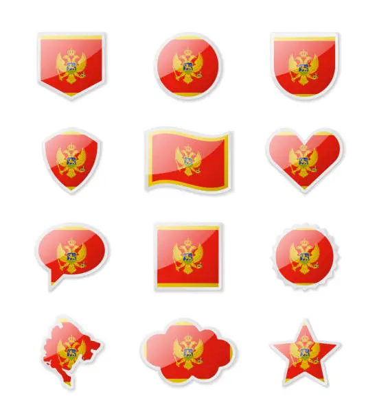 Vector illustration of Montenegro - set of country flags in the form of stickers of various shapes.
