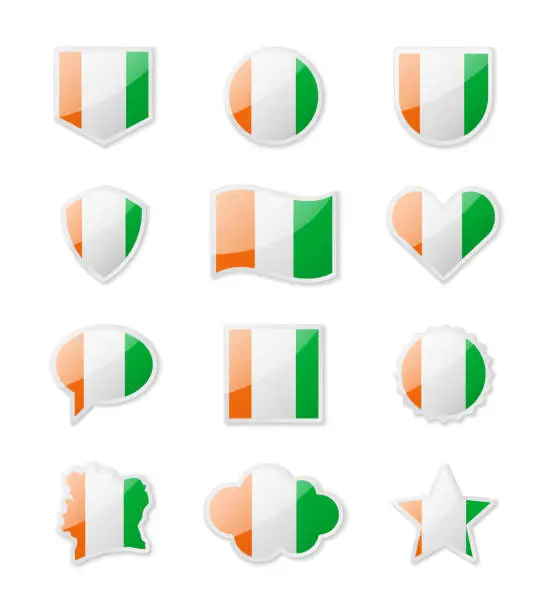 Vector illustration of Ivory Coast - set of country flags in the form of stickers of various shapes.