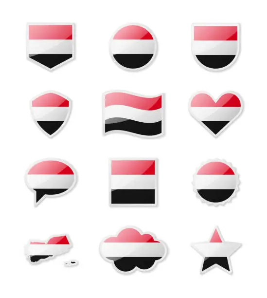 Vector illustration of Yemen - set of country flags in the form of stickers of various shapes.