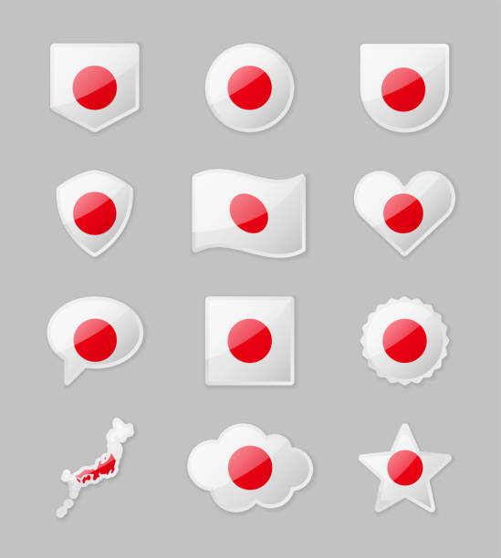 япония – набор флагов стран в виде наклеек различной формы. - japanese flag flag japan illustration and painting stock illustrations