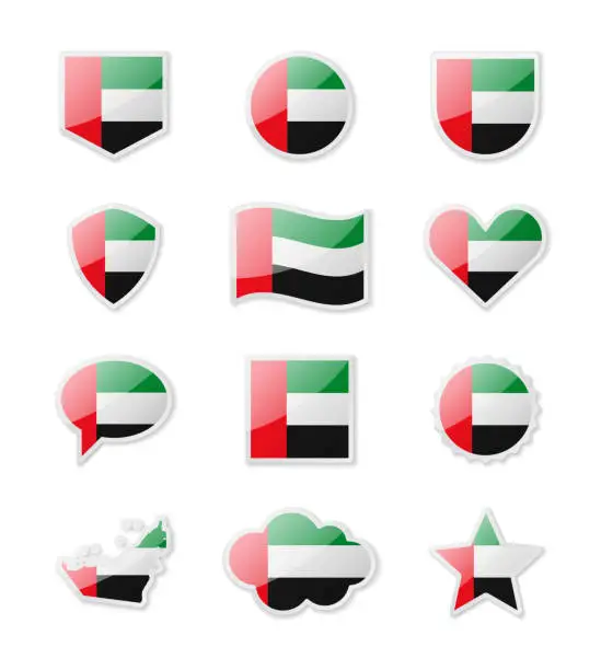 Vector illustration of United Arab Emirates - set of country flags in the form of stickers of various shapes.