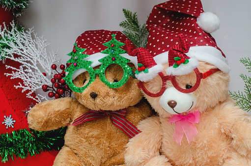 Cute couple teddy bears in christmas  celebration concept