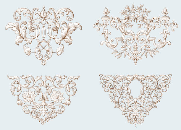 illustrations, cliparts, dessins animés et icônes de ensemble d’éléments décoratifs anciens dans le style de la gravure. ornements floraux gracieux. - backgrounds baroque style luxury leaf