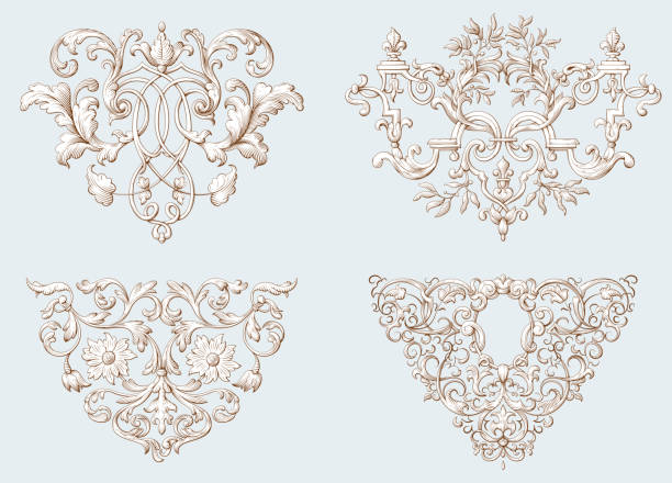 Set of antique decorative elements in the style of engraving. Graceful floral ornaments. Set of antique decorative elements in the style of engraving. Graceful floral ornaments. Could be used for tattoo, cards, wedding invitations, badges, banners. Vector illustration. baroque style stock illustrations